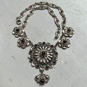 Vintage dangle drop sterling silver 925 garnet cabochon statement necklace
